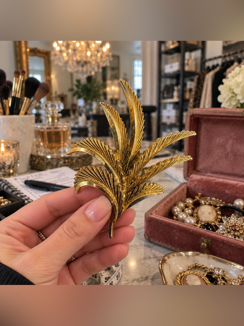 Vintage Crown Trifari Gold Palm Feather Spray Statement Brooch